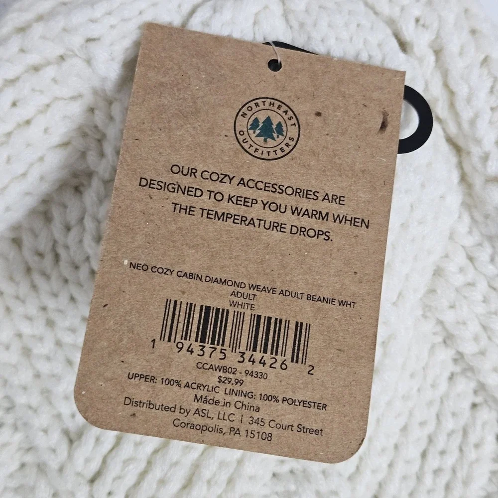 Northeast Outfitters‎ Beanie White Cozy Cabin Diamond Weave Knit Fleece NWT
